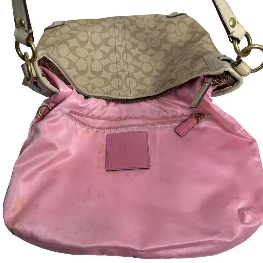 Coach Chelsea Signature Logo Stripe Heritage Pink/Beige Canvas Hobo Bag 13193